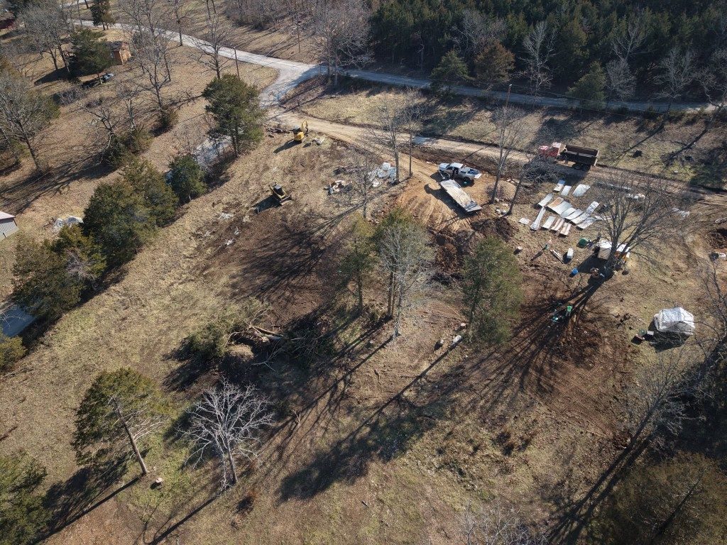 Aerial view of a demolition and site cleanup in Southwest Missouri